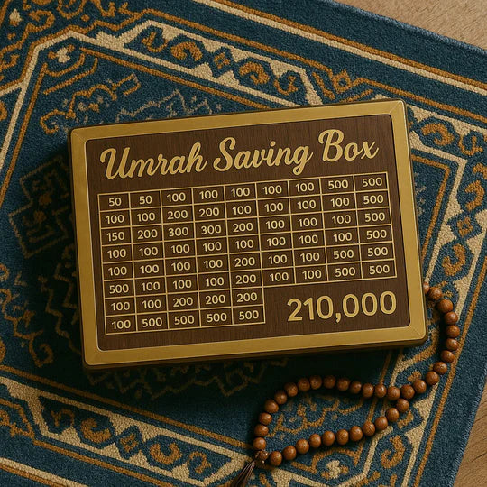 Premium Wooden Umrah Saving Box – 210,000 Savings Goal Challenge Tracker